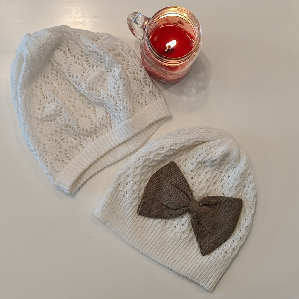 ❄️ Two White Beanies White Winter Hats with Bow